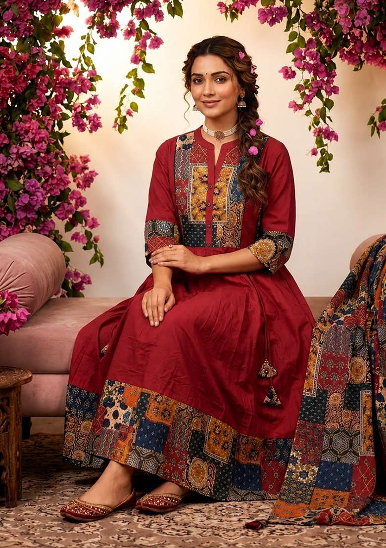 Maroon Printed Cotton Kurta Set - Indya