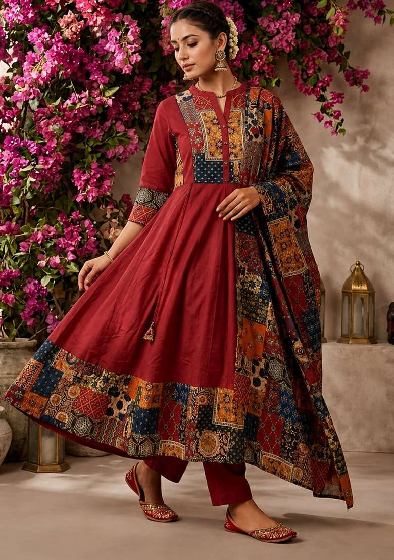 Maroon Printed Cotton Kurta Set - Indya