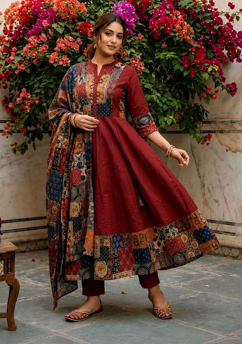 Maroon Printed Cotton Kurta Set - Indya