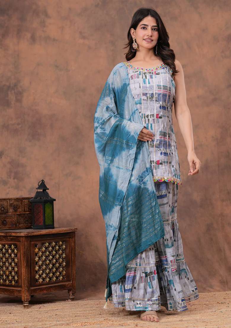 Grey Printed Silk Kurta Set - Indya