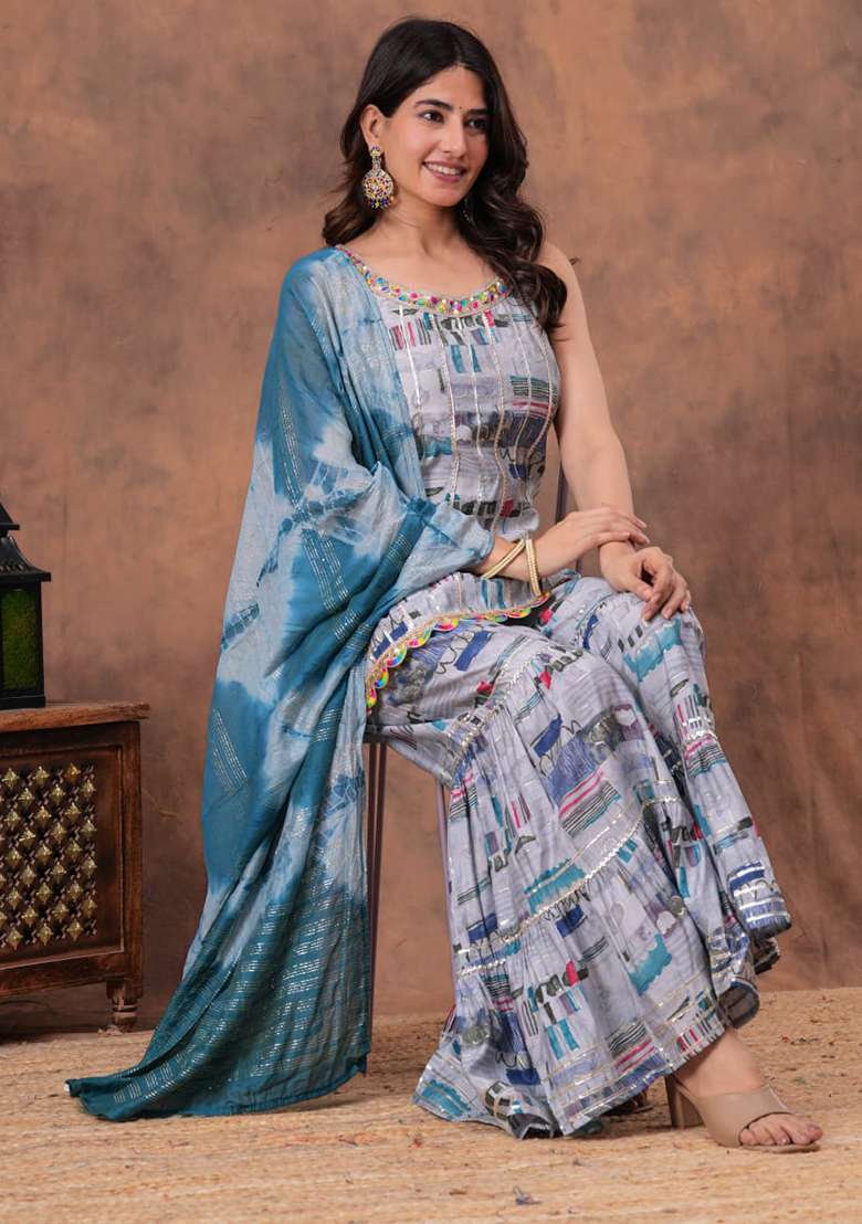Grey Printed Silk Kurta Set - Indya