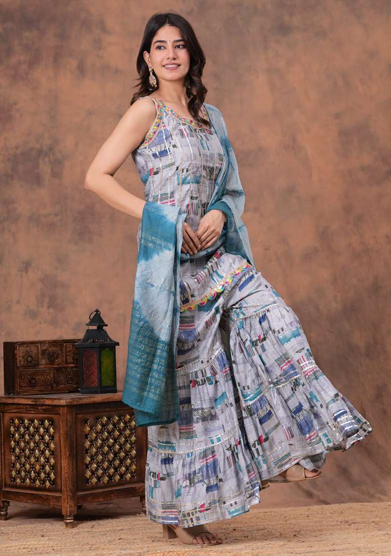 Grey Printed Silk Kurta Set - Indya