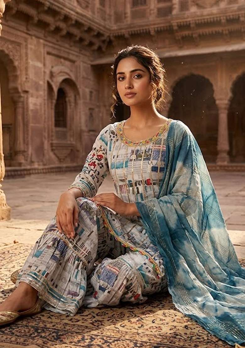 Grey Printed Silk Kurta Set - Indya