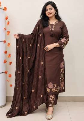 Brown Embroidery Cotton Kurta Set
