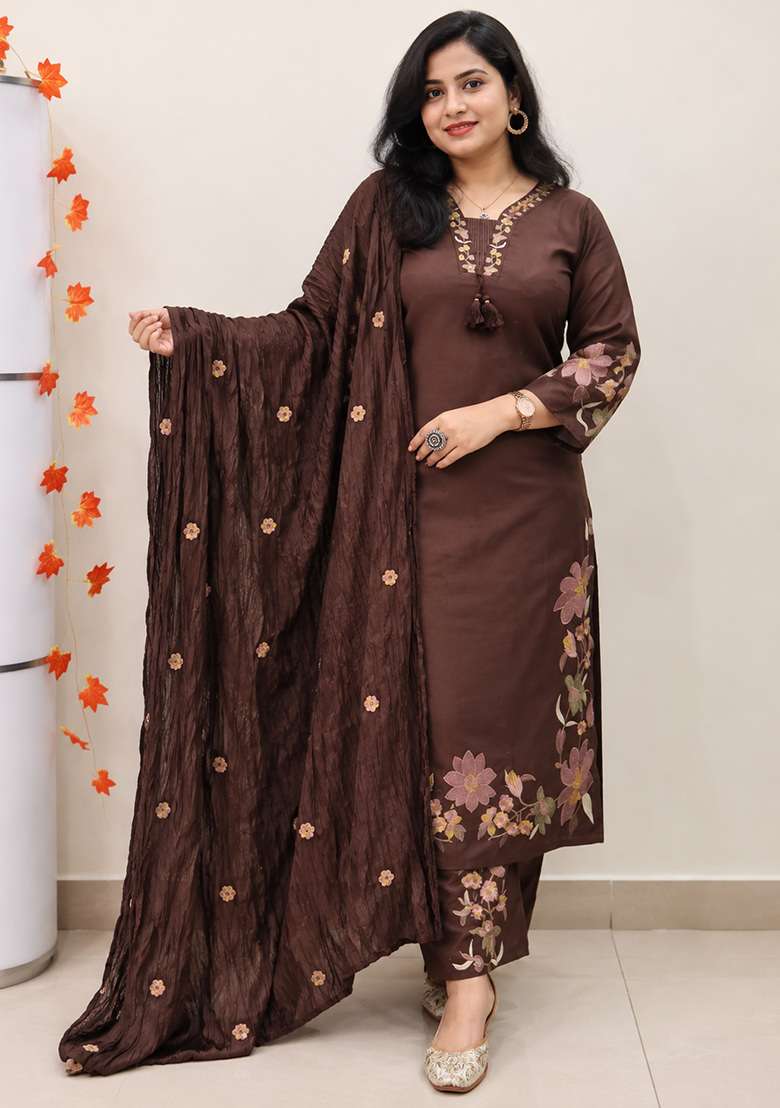 Brown Embroidery Cotton Kurta Set - Indya