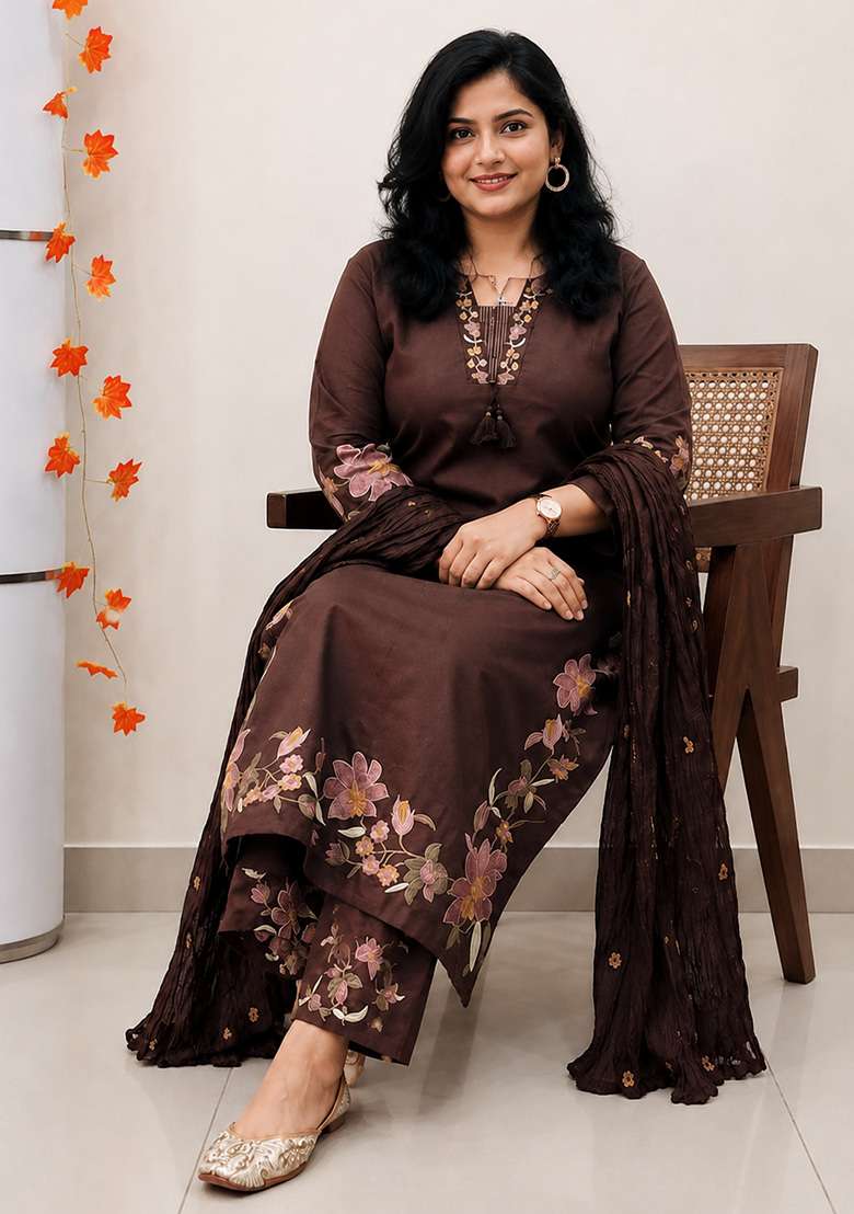 Brown Embroidery Cotton Kurta Set - Indya