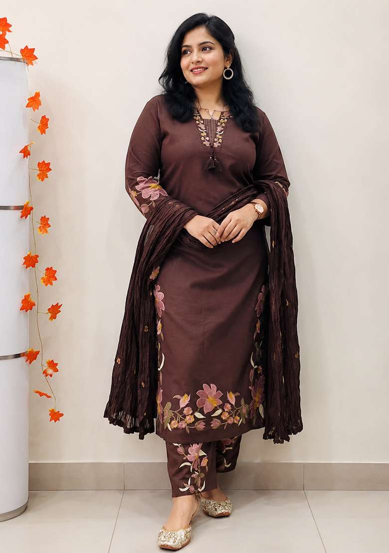 Brown Embroidery Cotton Kurta Set - Indya