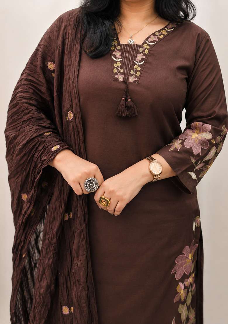 Brown Embroidery Cotton Kurta Set - Indya