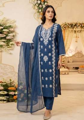 Blue Embroidery Cotton Kurta Set