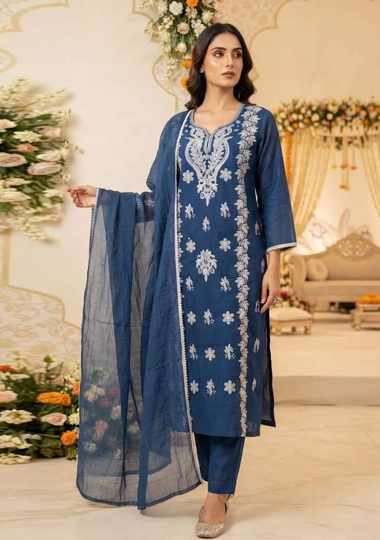 Blue Embroidery Cotton Kurta Set - Indya