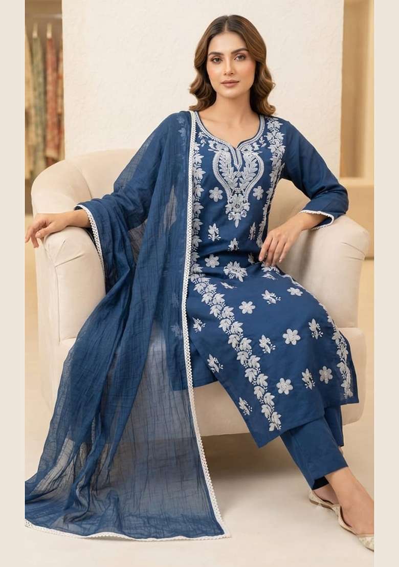 Blue Embroidery Cotton Kurta Set - Indya