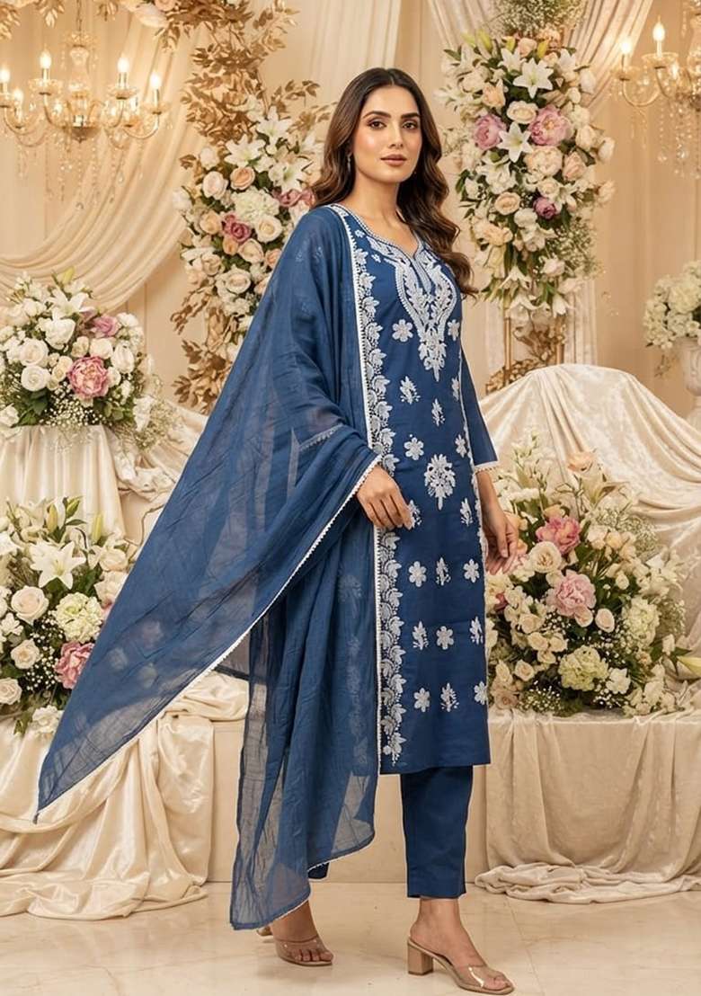 Blue Embroidery Cotton Kurta Set - Indya