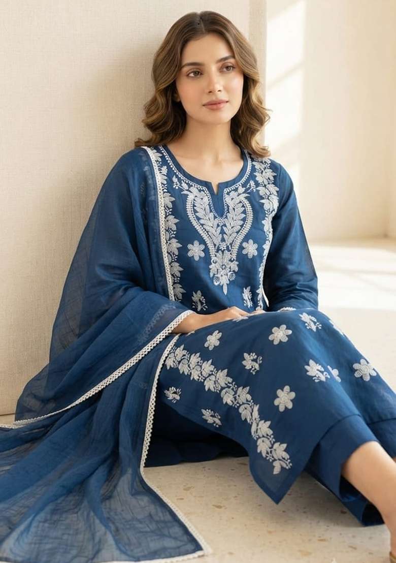 Blue Embroidery Cotton Kurta Set - Indya