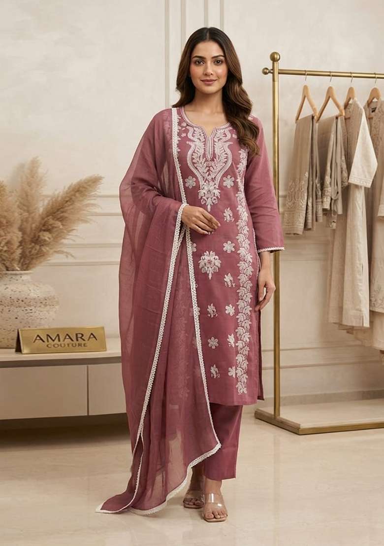 Pink Embroidery Cotton Kurta Set - Indya