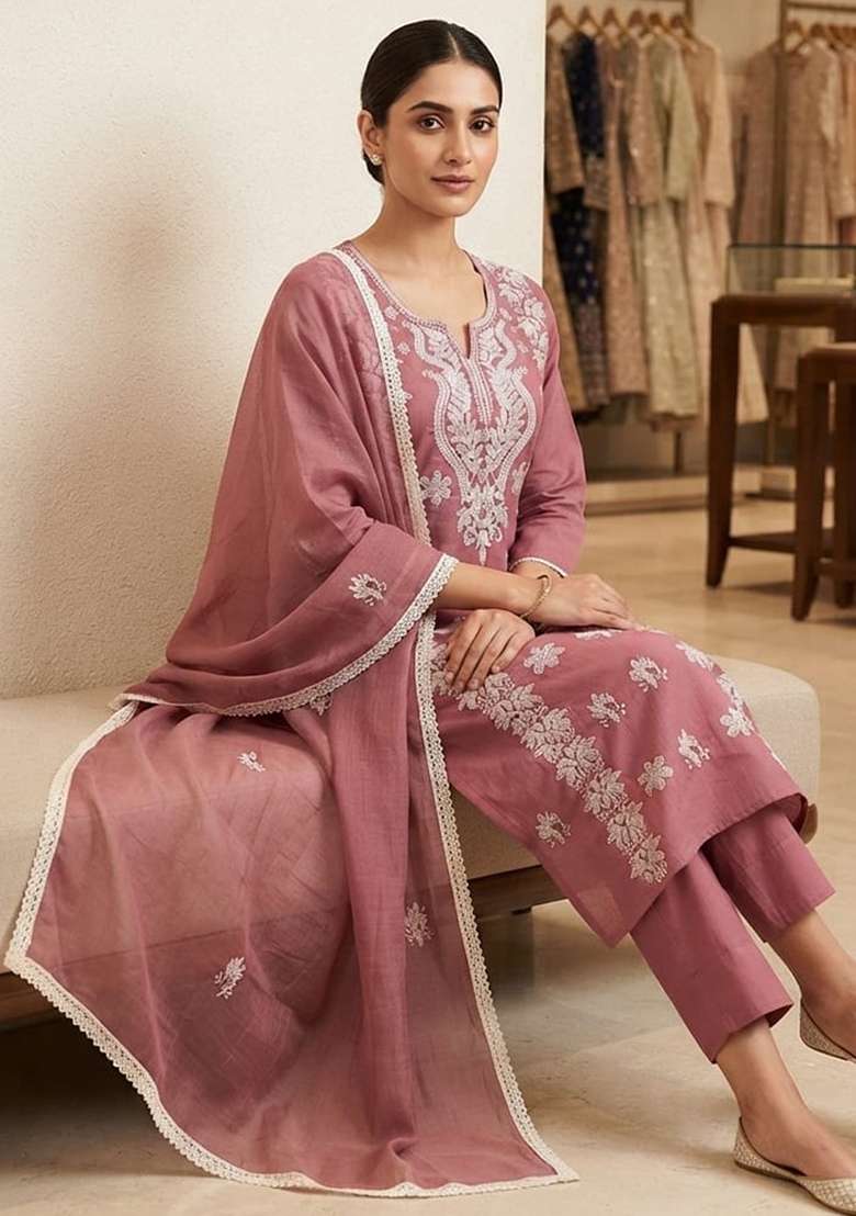 Pink Embroidery Cotton Kurta Set - Indya
