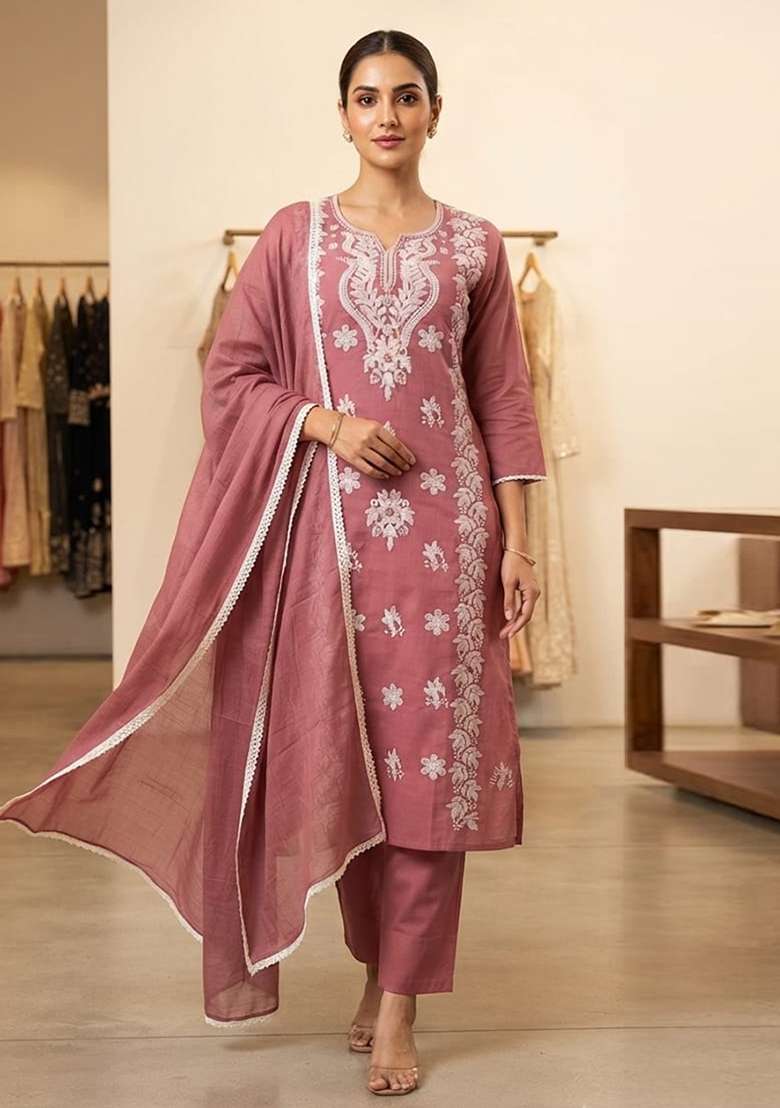 Pink Embroidery Cotton Kurta Set - Indya