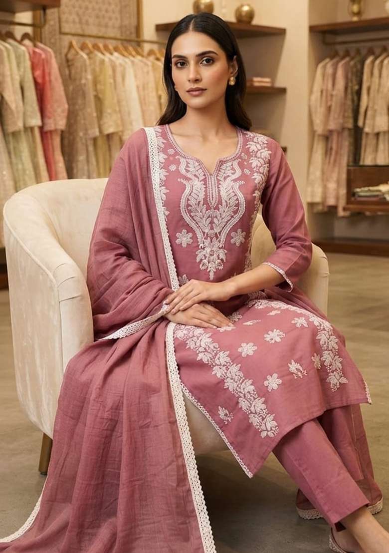 Pink Embroidery Cotton Kurta Set - Indya