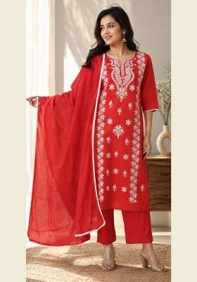 Red Embroidery Cotton Kurta Set
