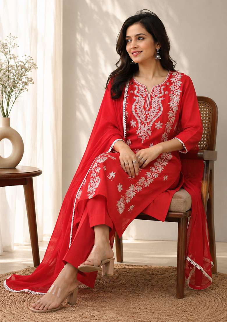 Red Embroidery Cotton Kurta Set - Indya