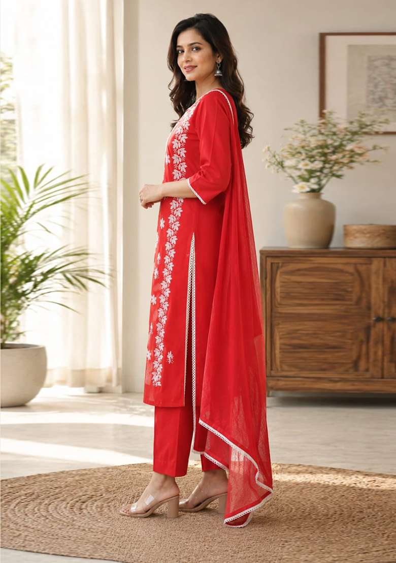 Red Embroidery Cotton Kurta Set - Indya
