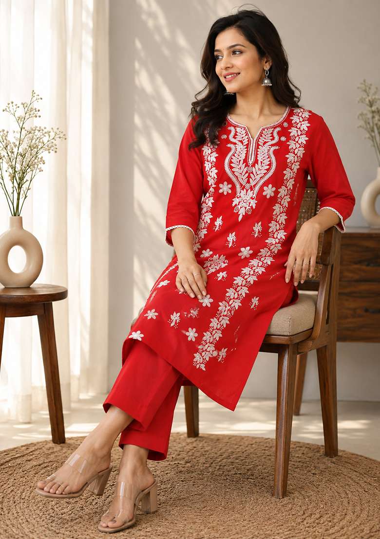 Red Embroidery Cotton Kurta Set - Indya