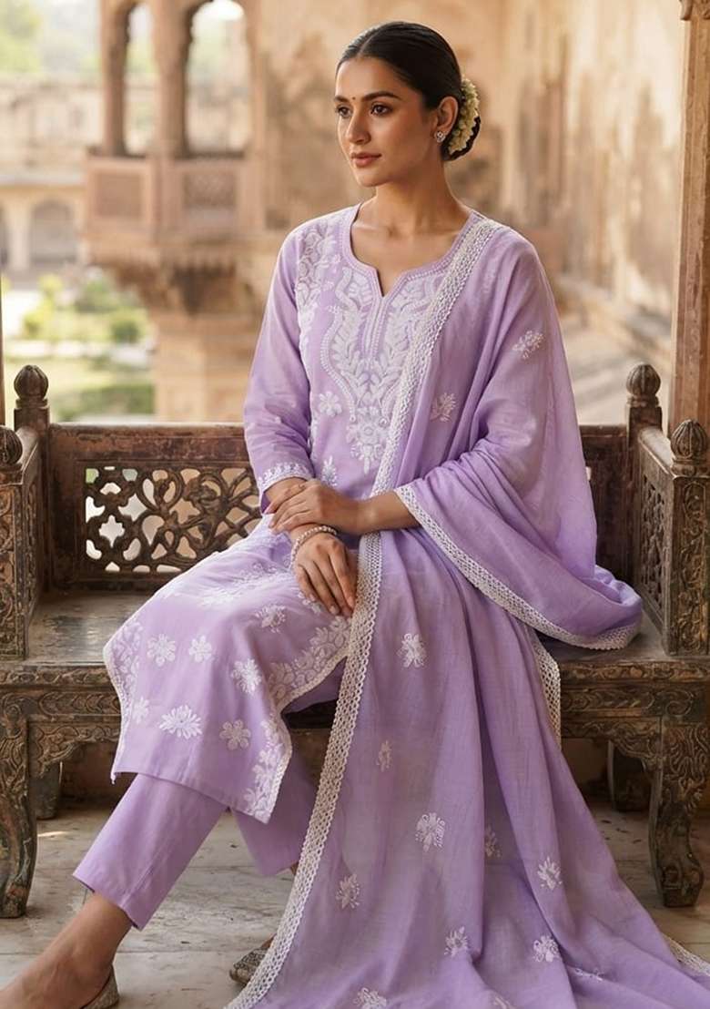 Lavender Embroidery Cotton Kurta Set - Indya