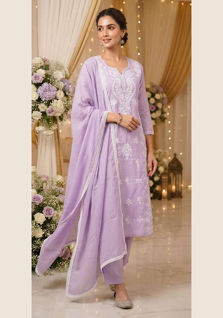 Lavender Embroidery Cotton Kurta Set - Indya