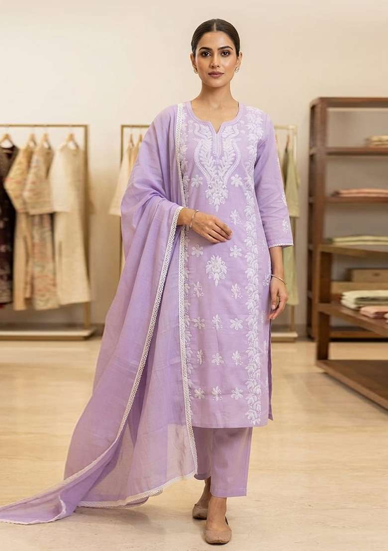 Lavender Embroidery Cotton Kurta Set - Indya