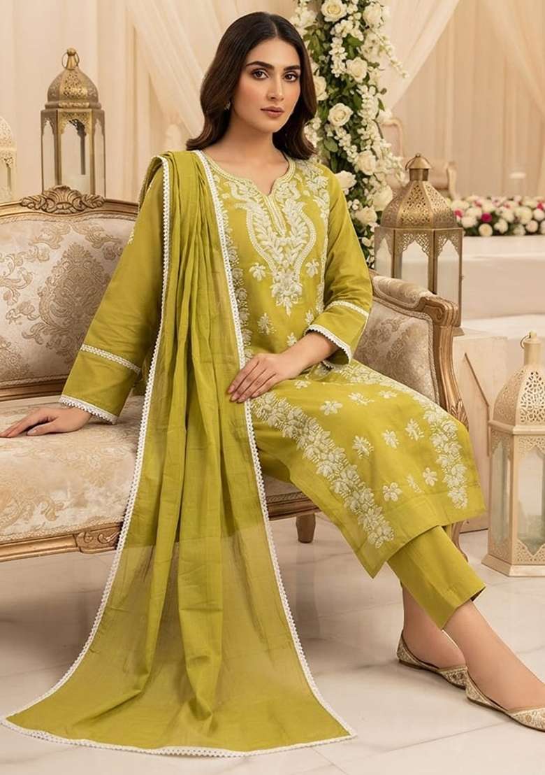 Green Embroidery Cotton Kurta Set - Indya
