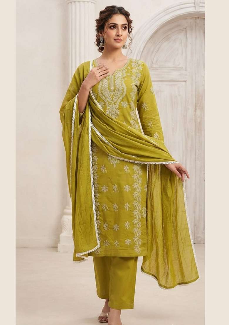 Green Embroidery Cotton Kurta Set - Indya