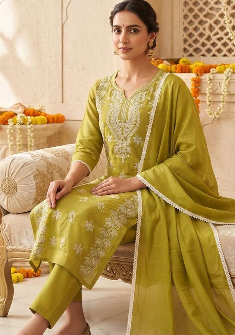 Green Embroidery Cotton Kurta Set - Indya
