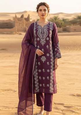 Wine Embroidery Cotton Kurta Set