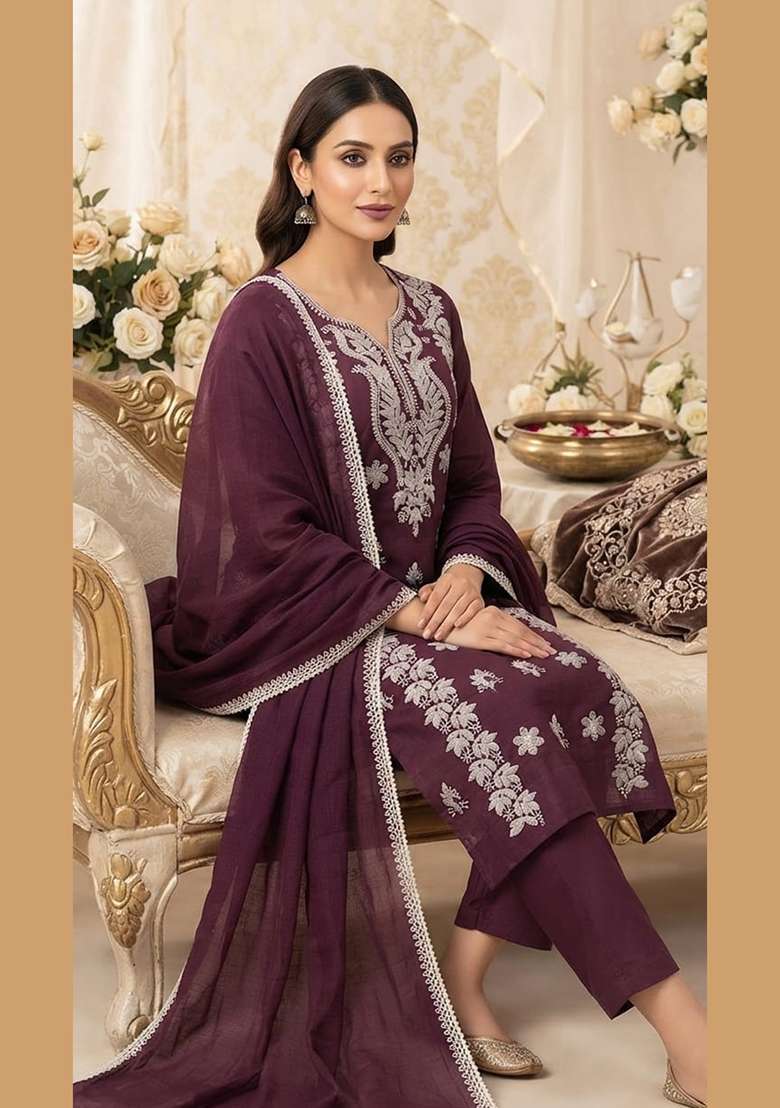 Wine Embroidery Cotton Kurta Set - Indya