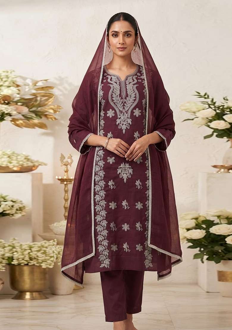 Wine Embroidery Cotton Kurta Set - Indya