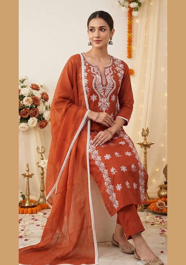 Copper Embroidery Cotton Kurta Set - Indya