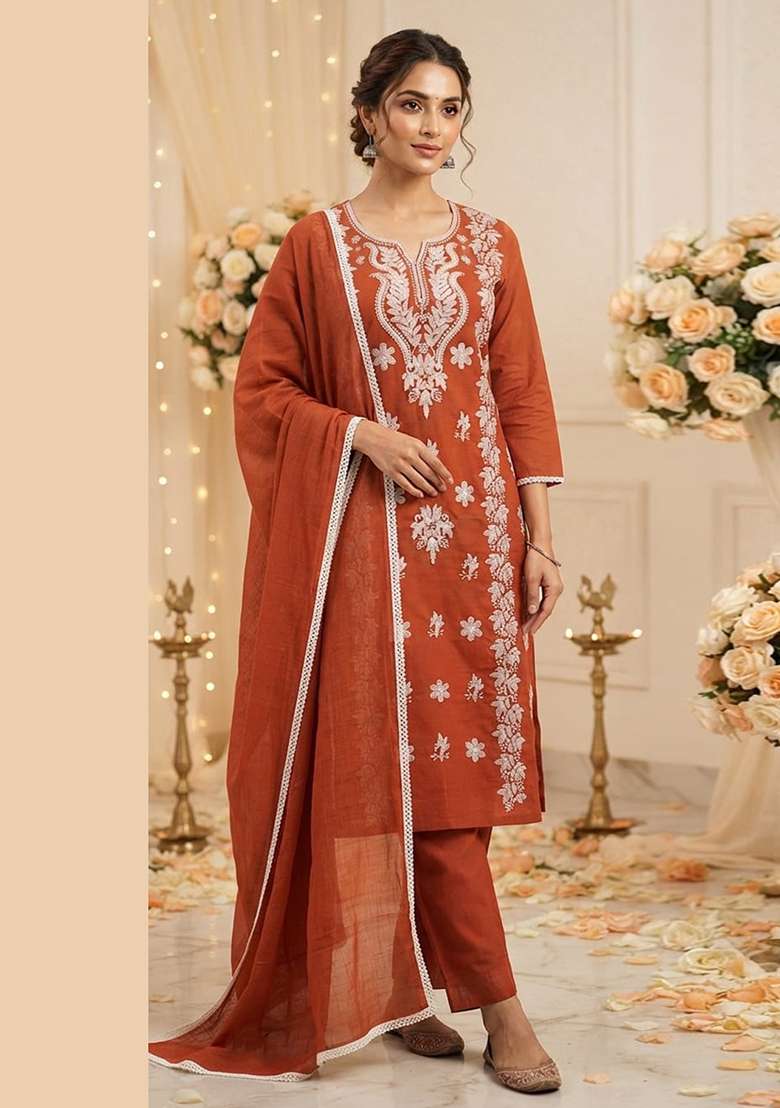 Copper Embroidery Cotton Kurta Set - Indya