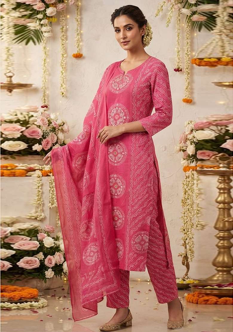 Pink Printed Cotton Kurta Set - Indya