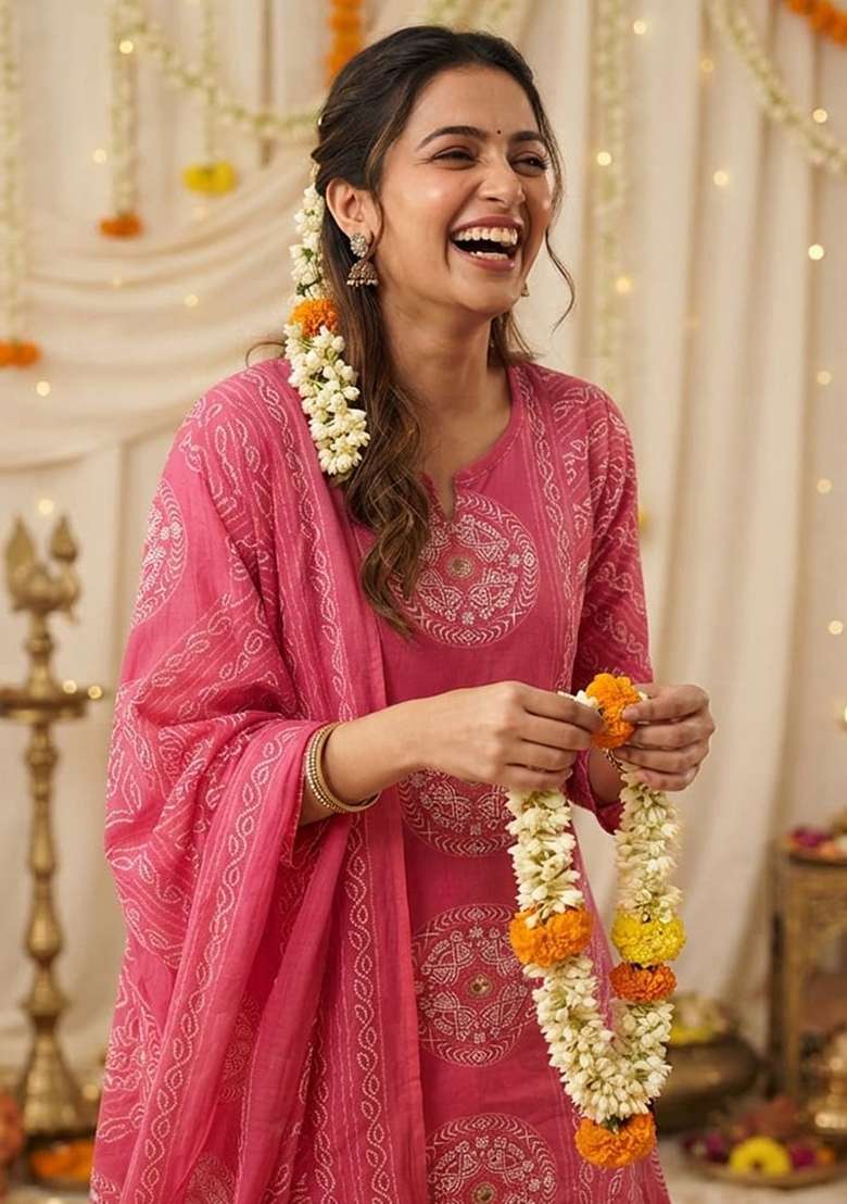 Pink Printed Cotton Kurta Set - Indya