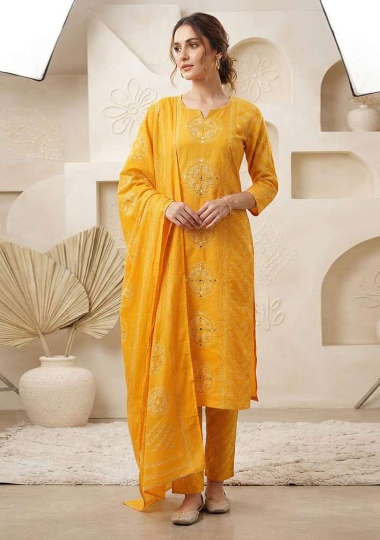 Yellow Printed Cotton Kurta Set - Indya