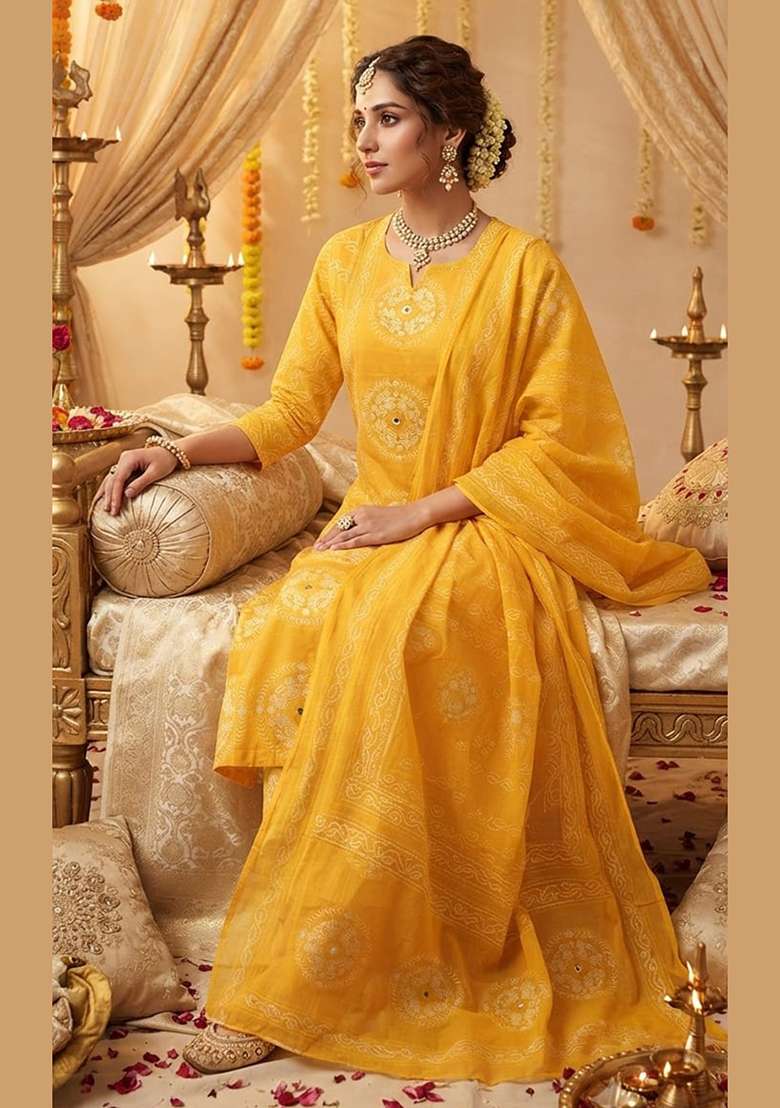 Yellow Printed Cotton Kurta Set - Indya