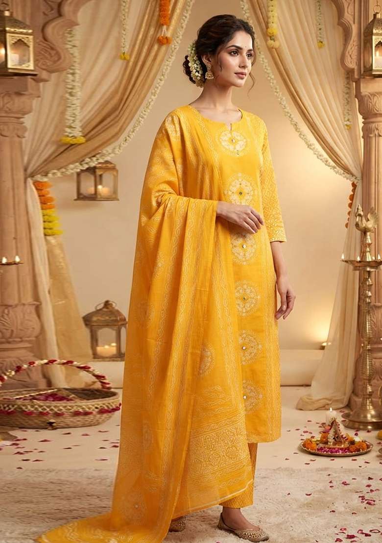 Yellow Printed Cotton Kurta Set - Indya