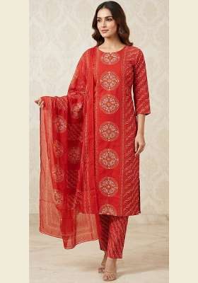 Red Printed Cotton Kurta Set