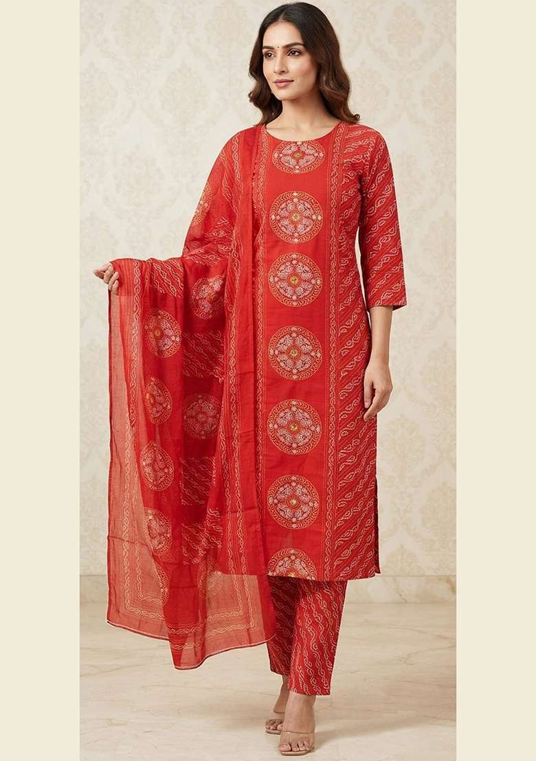 Red Printed Cotton Kurta Set - Indya