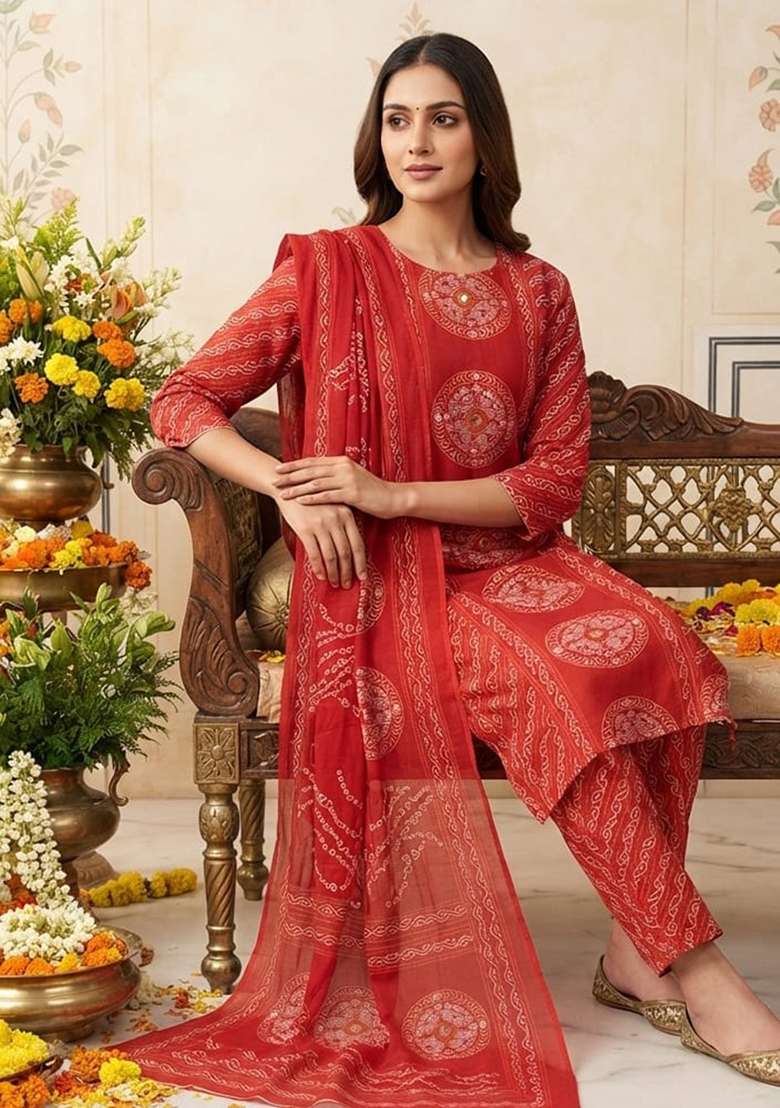 Red Printed Cotton Kurta Set - Indya