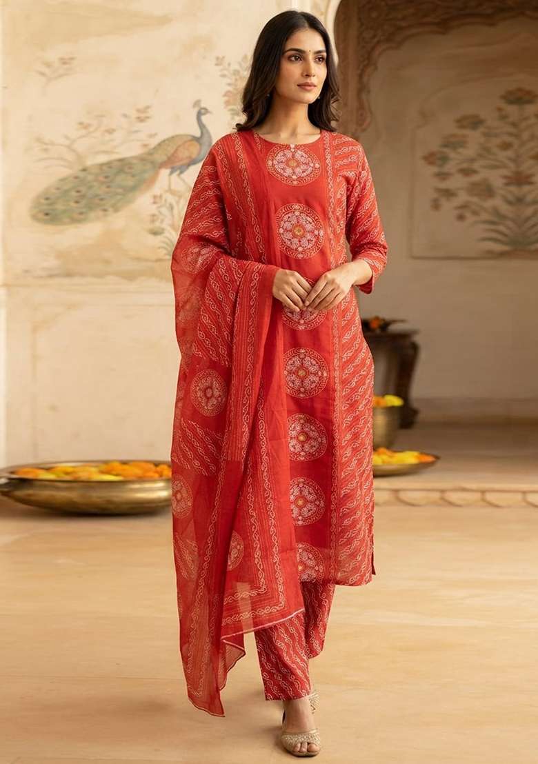 Red Printed Cotton Kurta Set - Indya