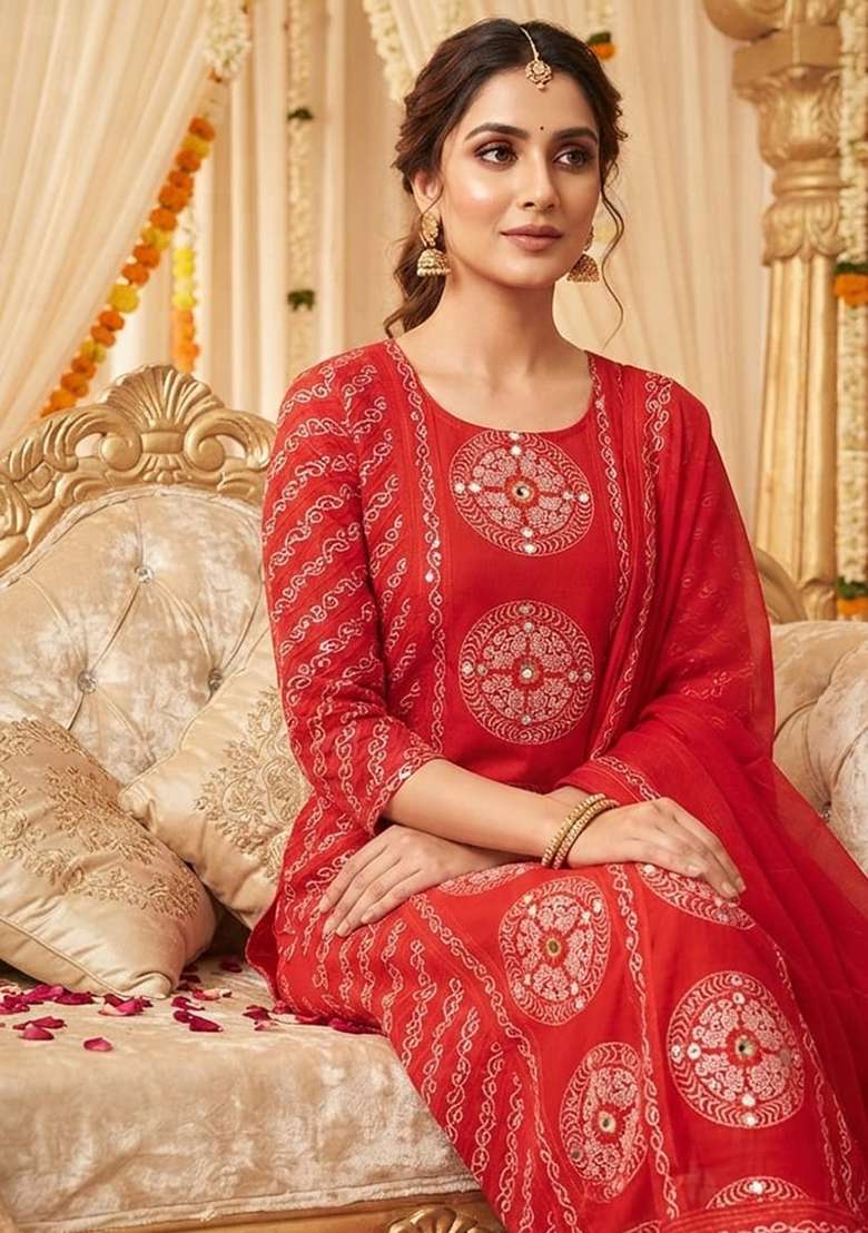 Red Printed Cotton Kurta Set - Indya