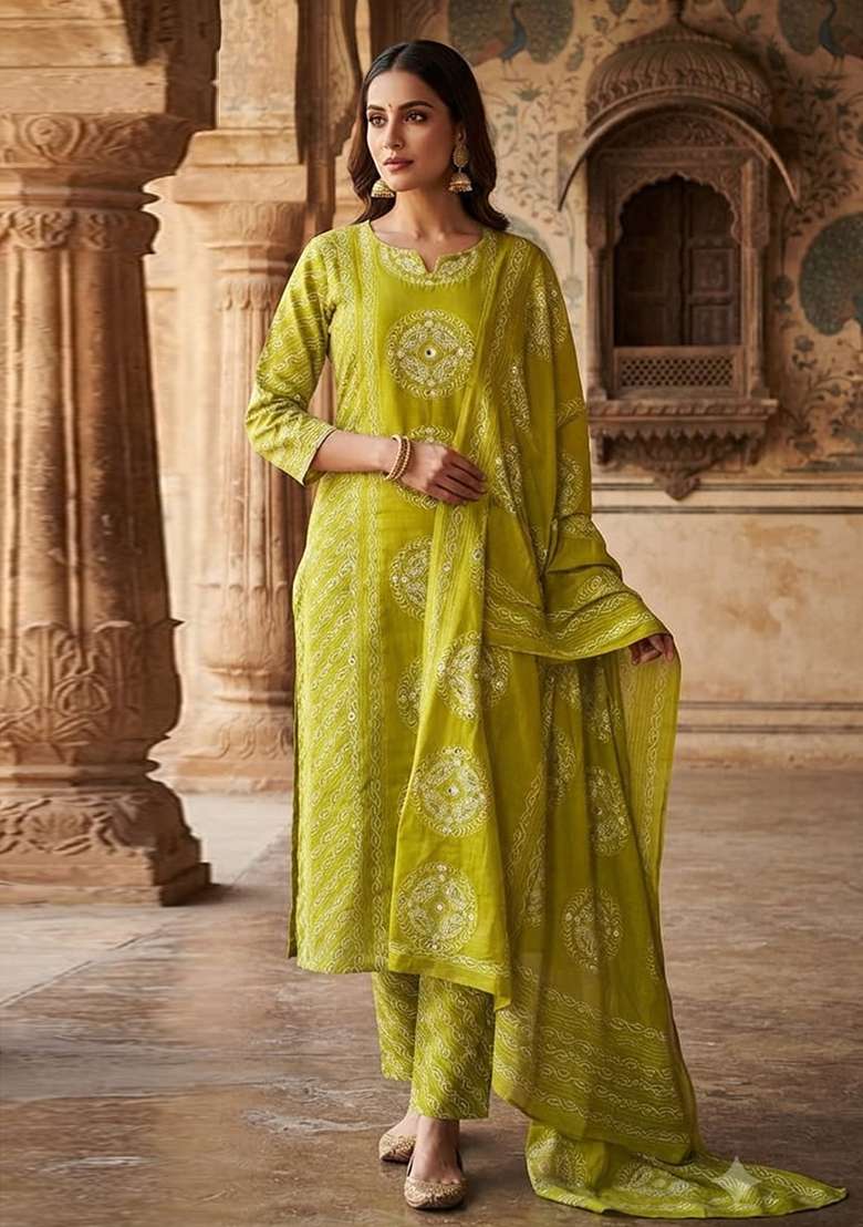 Green Printed Cotton Kurta Set - Indya
