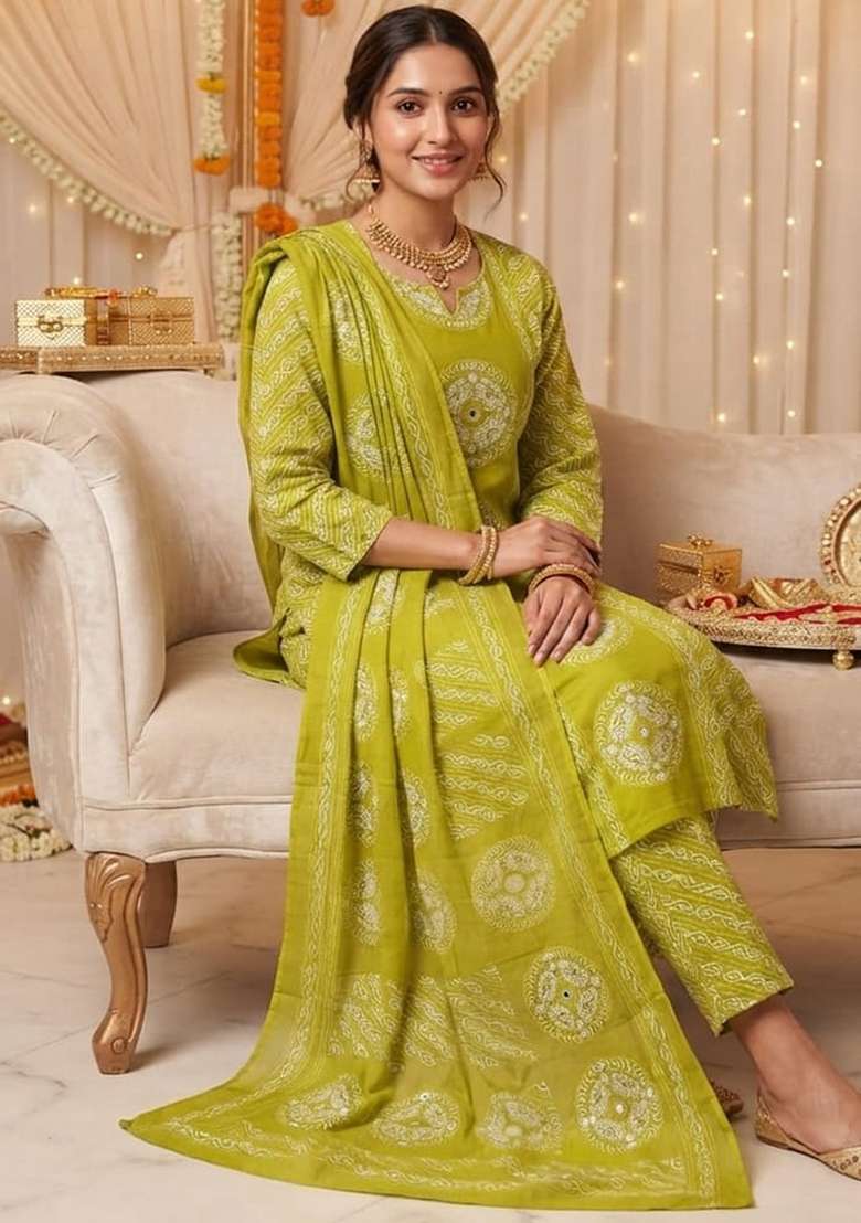 Green Printed Cotton Kurta Set - Indya