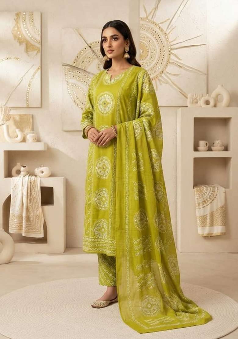 Green Printed Cotton Kurta Set - Indya