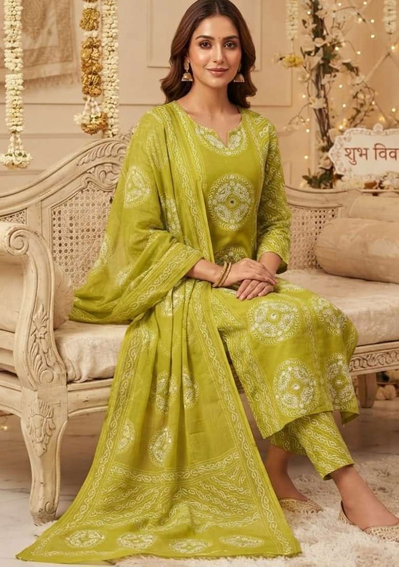 Green Printed Cotton Kurta Set - Indya
